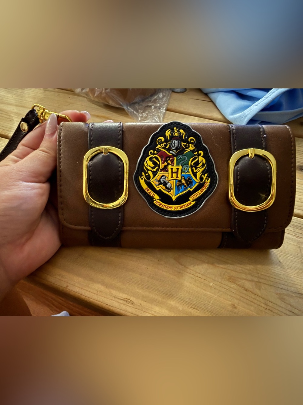 Brown Women's Wallet with Gold Hardware and Crest Patch